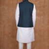Men wearing dark green Rivayat Heritage jacquard Modi jacket with band collar for festive and wedding occasions