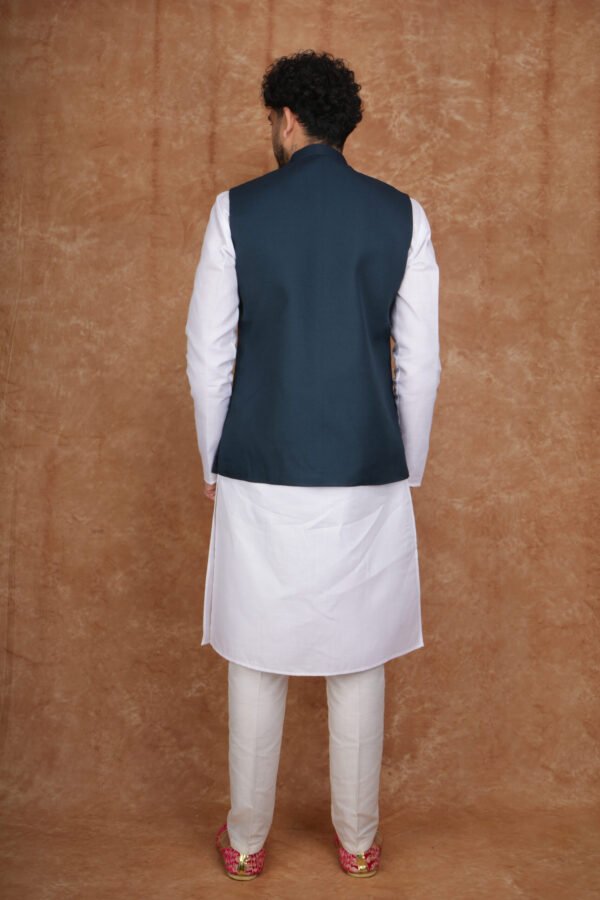 Men wearing dark green Rivayat Heritage jacquard Modi jacket with band collar for festive and wedding occasions